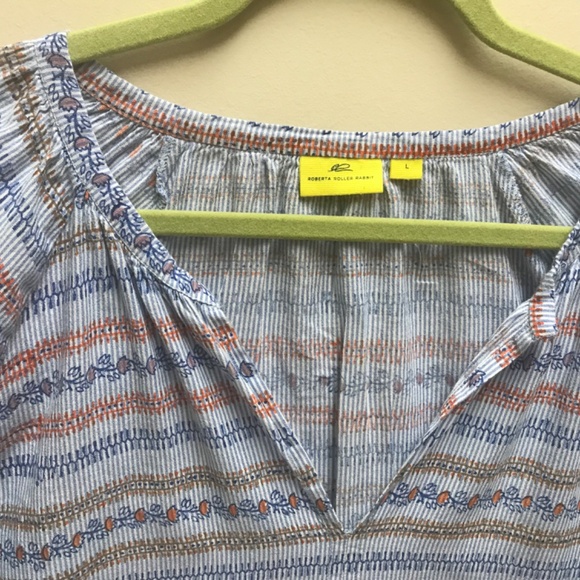 Roller Rabbit Cotton Blue Striped Shirt Elastic Sleeves Sz Large - Picture 5 of 10